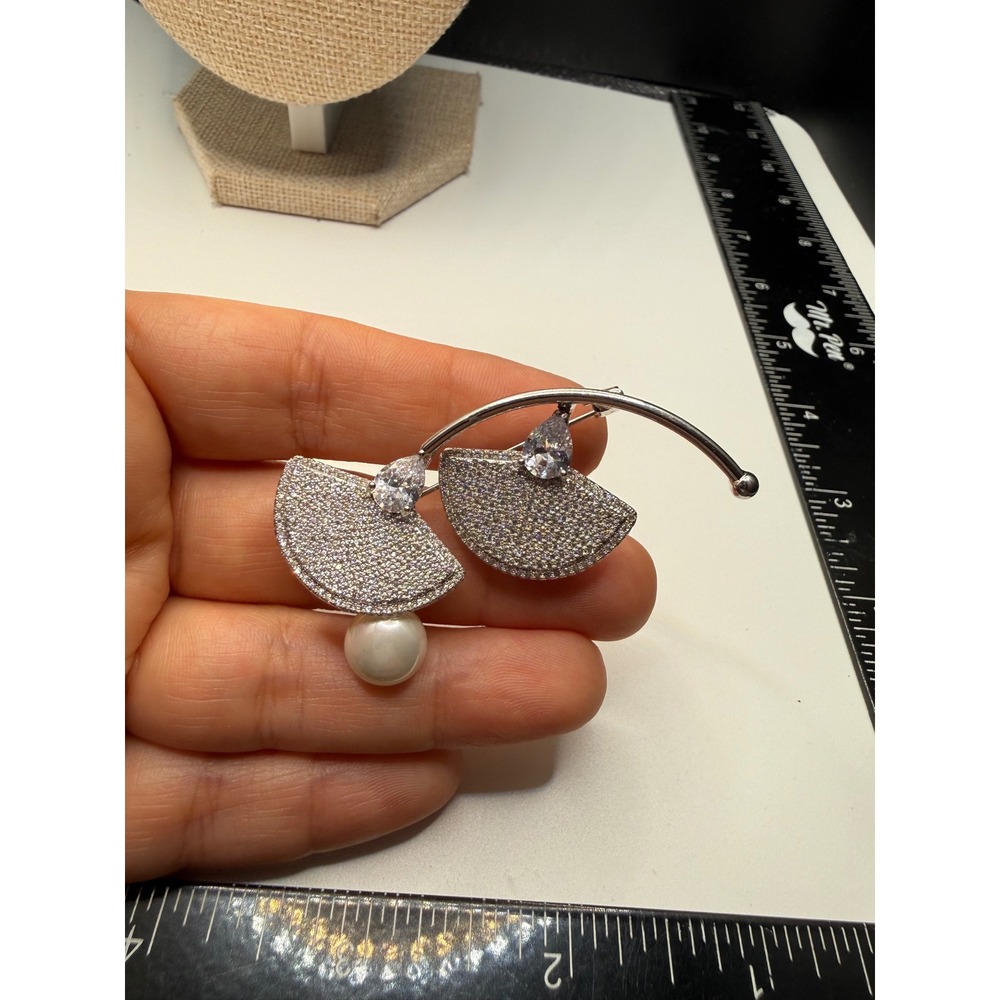 Silver Tone Fan Crystal Pave Brooch with Pearl Accent and Pear Cut CZ Pin